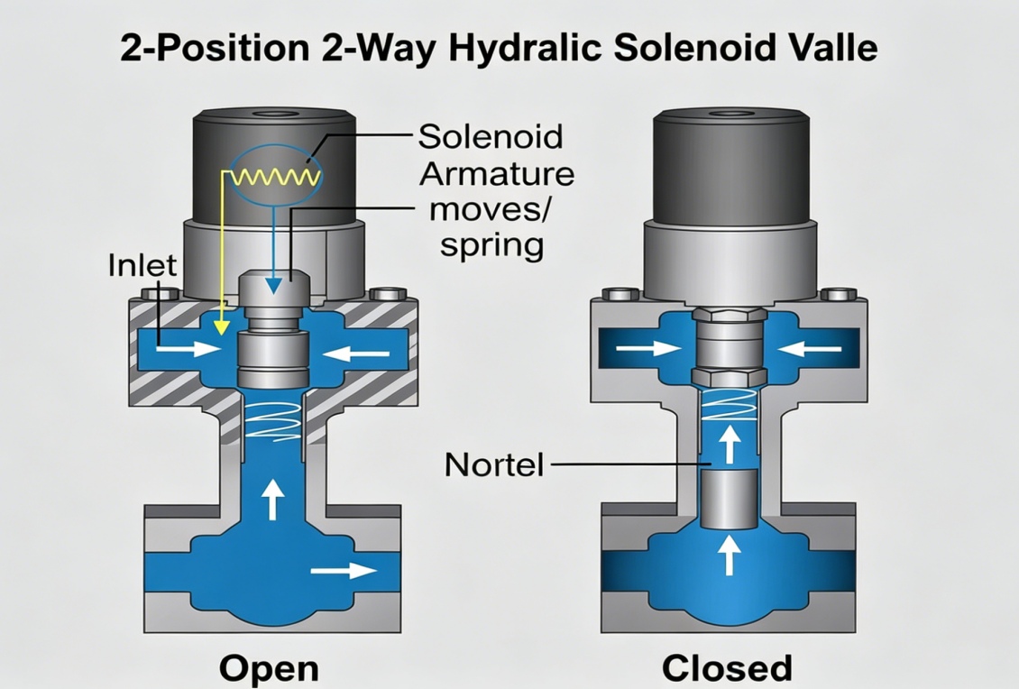 Two-way solenoid valve controls hydraulic fluid flow